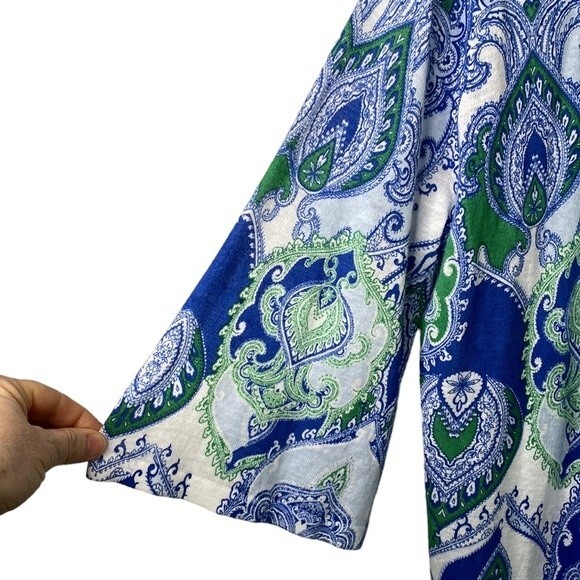 Chico's Cool Paisley Linen Cotton Open Front Cardigan Drape Flare 3/4 Sleeve - Picture 3 of 13